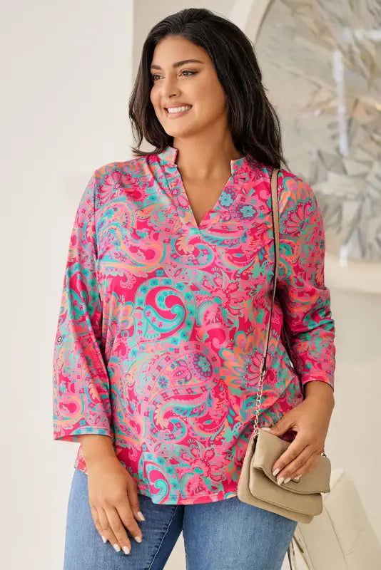 Paisley roll tab sleeve blouse - plus size - rose / 1x / 95% polyester + 5% elastane - blouses