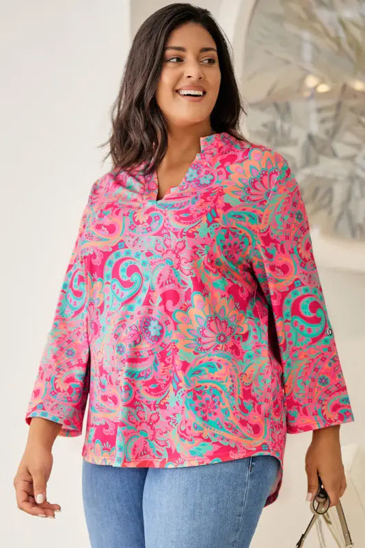 Paisley roll tab sleeve blouse - plus size - blouses