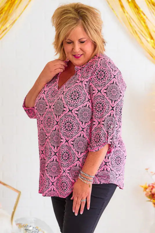 Paisley roll tab sleeve blouse - plus size - blouses