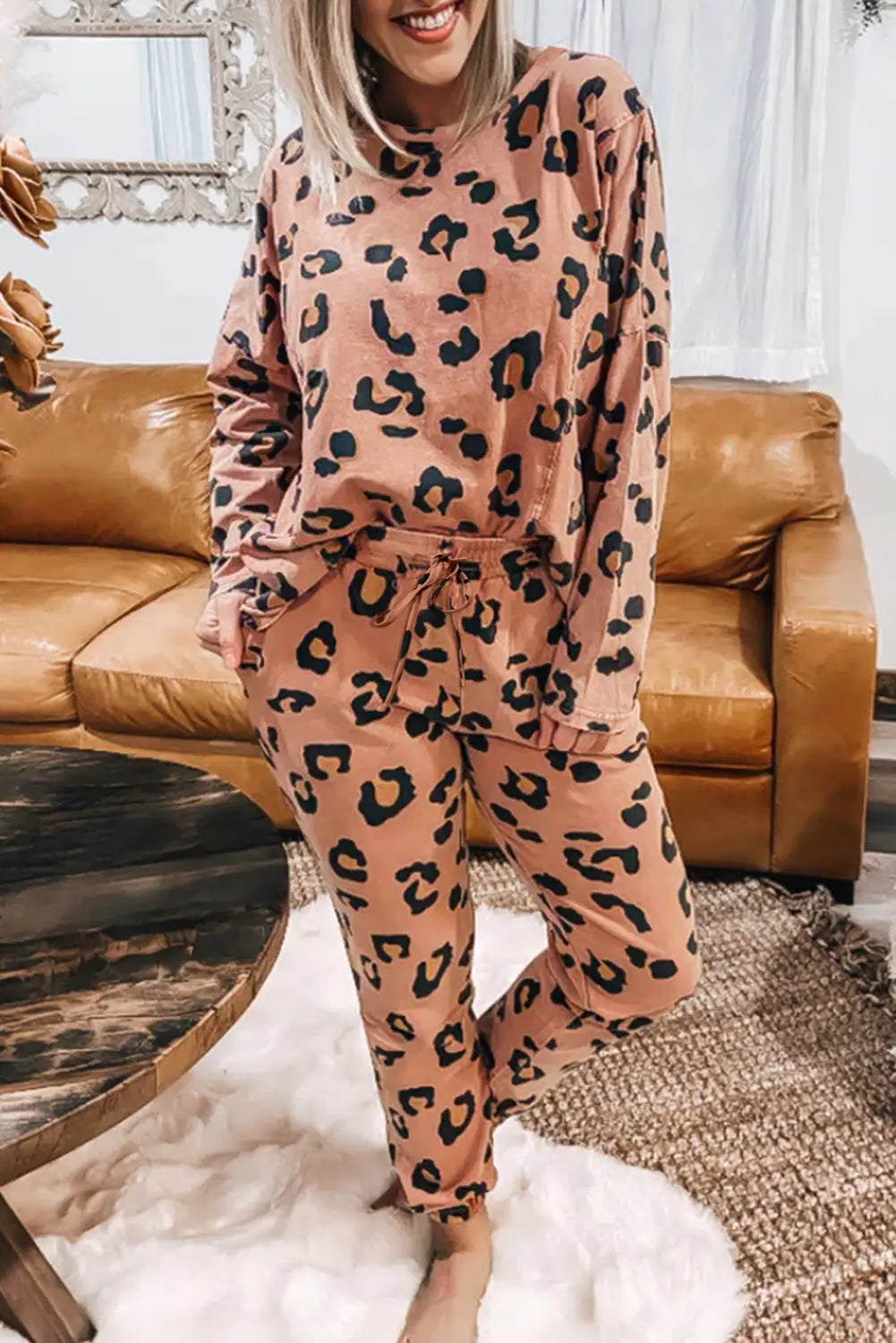 Pale chestnut leopard long sleeve top and drawstring pants set - l / 95% polyester + 5% elastane - sets