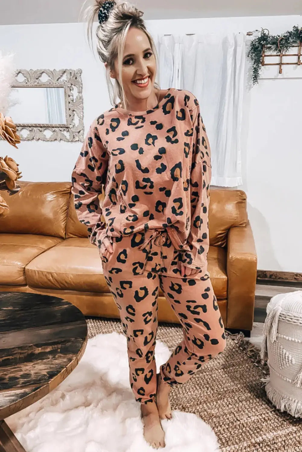 Pale chestnut leopard long sleeve top and drawstring pants set - sets