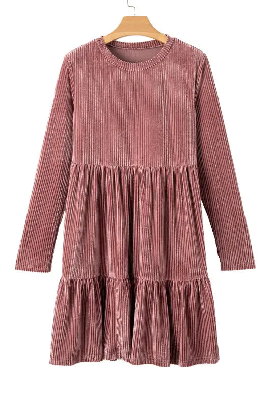 Dresses pale chestnut long sleeve tiered ribbed velvet dress