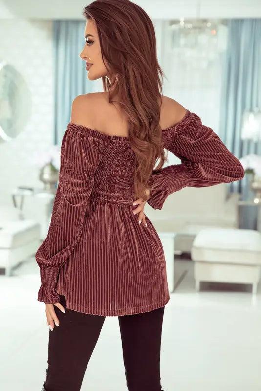 Dresses pale chestnut long sleeve tiered ribbed velvet dress