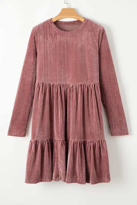 Dresses pale chestnut long sleeve tiered ribbed velvet dress