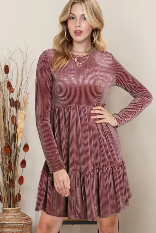 Dresses pale chestnut long sleeve tiered ribbed velvet dress