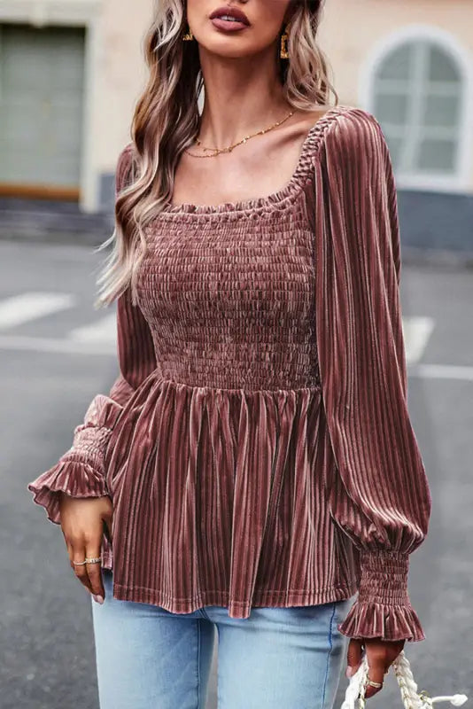 Dresses pale chestnut long sleeve tiered ribbed velvet dress