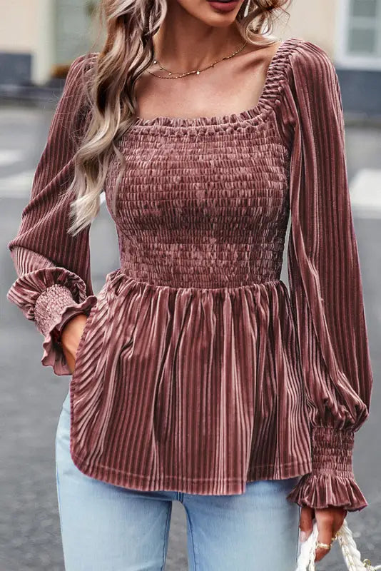 Dresses pale chestnut long sleeve tiered ribbed velvet dress