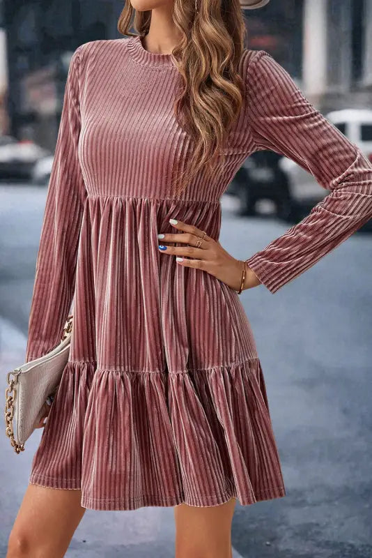 Dresses pale chestnut long sleeve tiered ribbed velvet dress