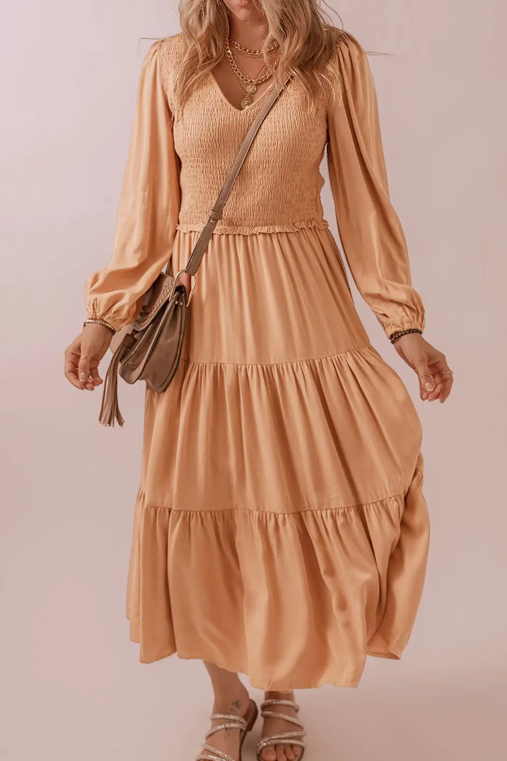 Pale chestnut smocked v neck long sleeve ruffle dress - l / 70% viscose + 30% polyester - maxi dresses