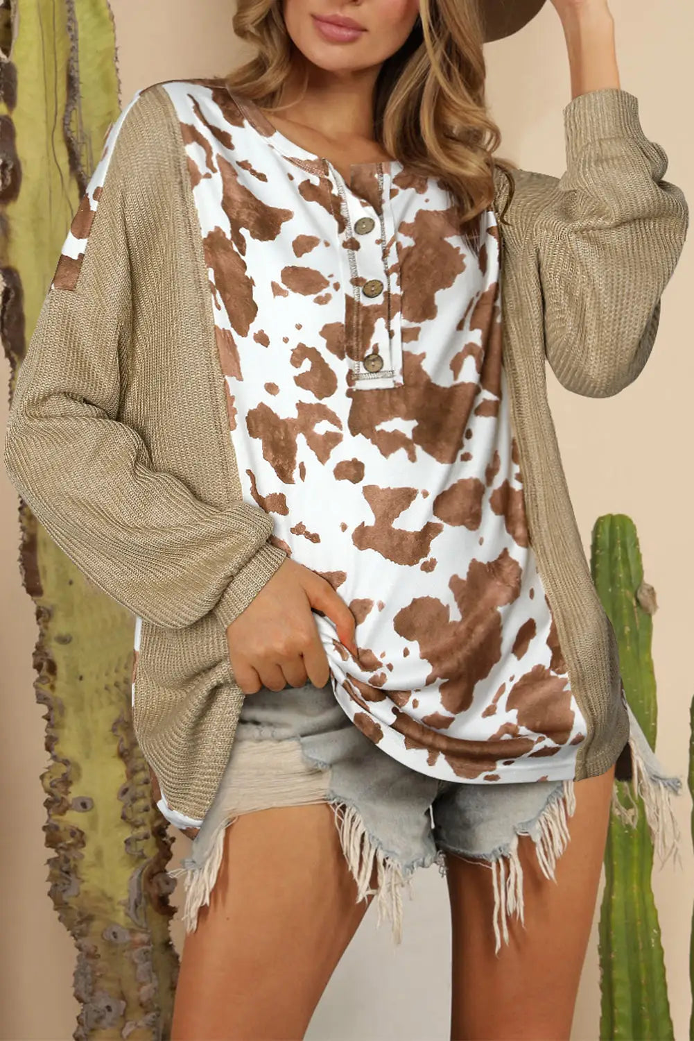 Pale khaki animal print textured patch lantern sleeve henley blouse - l / 95% polyester + 5% elastane - blouses & shirts