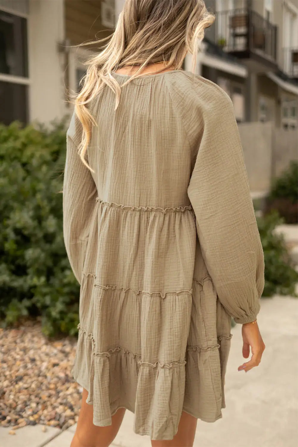 Pale khaki cotton crepe v neck frill tiered mini dress - dresses