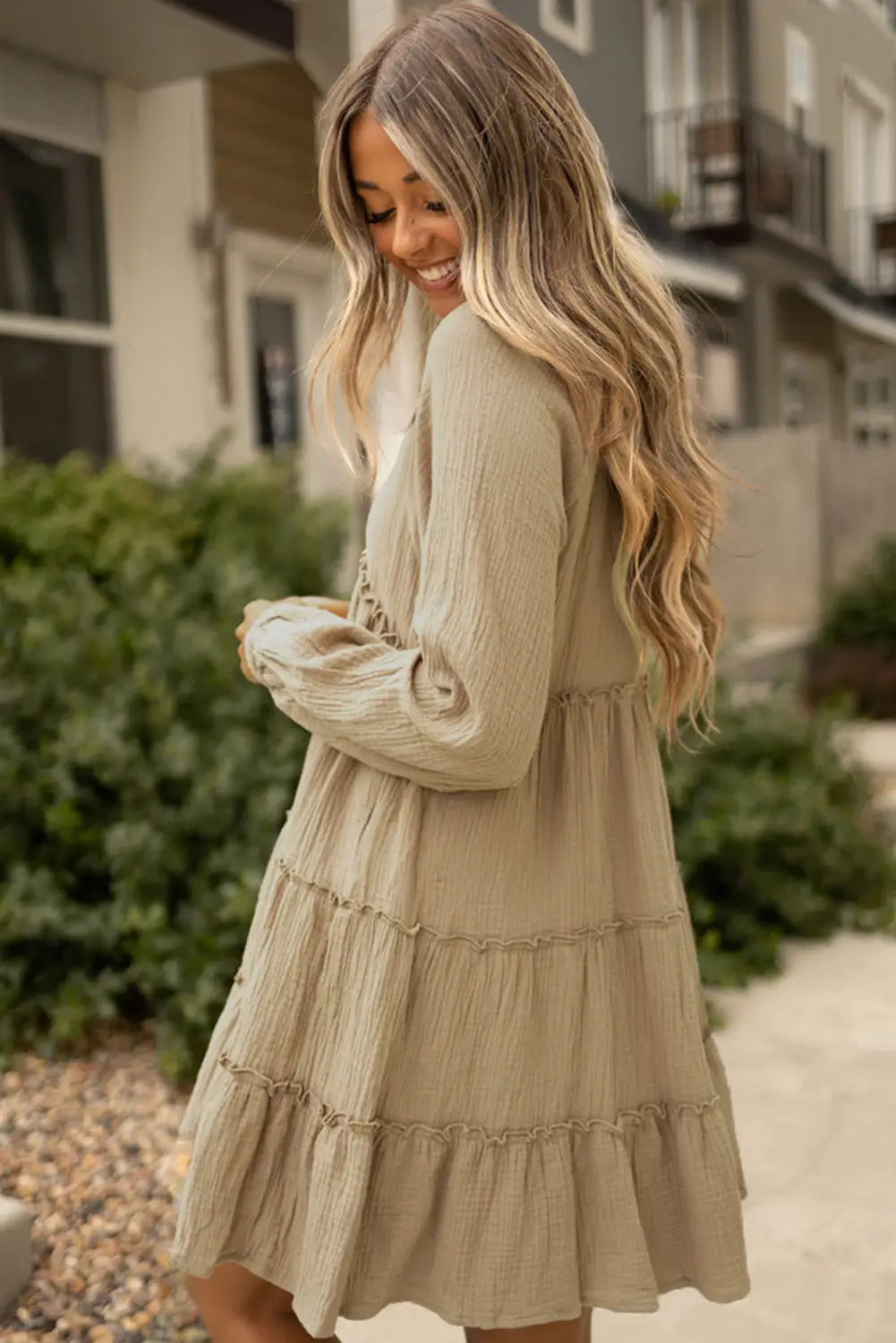 Pale khaki cotton crepe v neck frill tiered mini dress - dresses