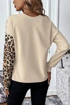 Pale Khaki Leopard Color-block Waffle Knit Top - Fashionfitz