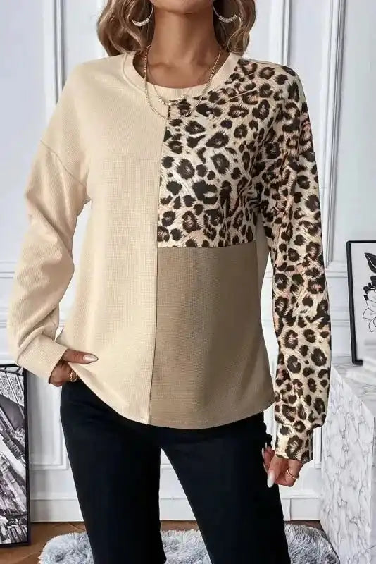 FashionFitz Khaki Leopard Colour‑block Waffle Knit Top with asymmetrical leopard and khaki panels, ideal for autumn daily wear.