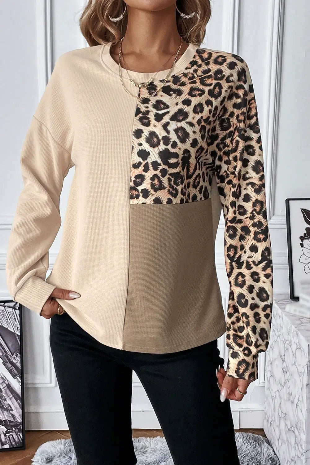 Pale khaki leopard color-block waffle knit top - long sleeve tops