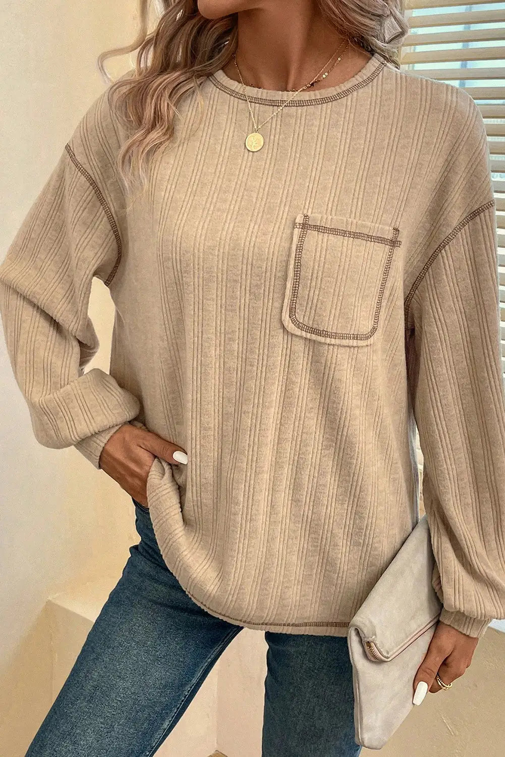 Pale khaki loose exposed stitching textured knit top - long sleeve tops
