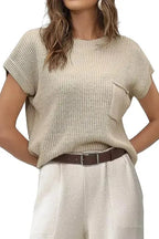 Pale Khaki Patch Pocket Short Sleeve Sweater - Fashionfitz