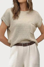 Pale Khaki Patch Pocket Short Sleeve Sweater - Fashionfitz