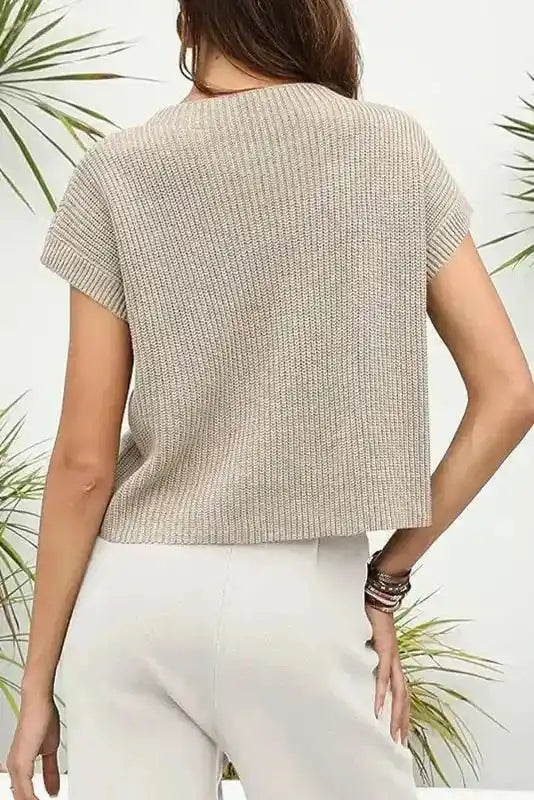 Back view of Pale Khaki Patch Pocket Short Sleeve Sweater showing ribbed knit design and relaxed silhouette for casual wear.