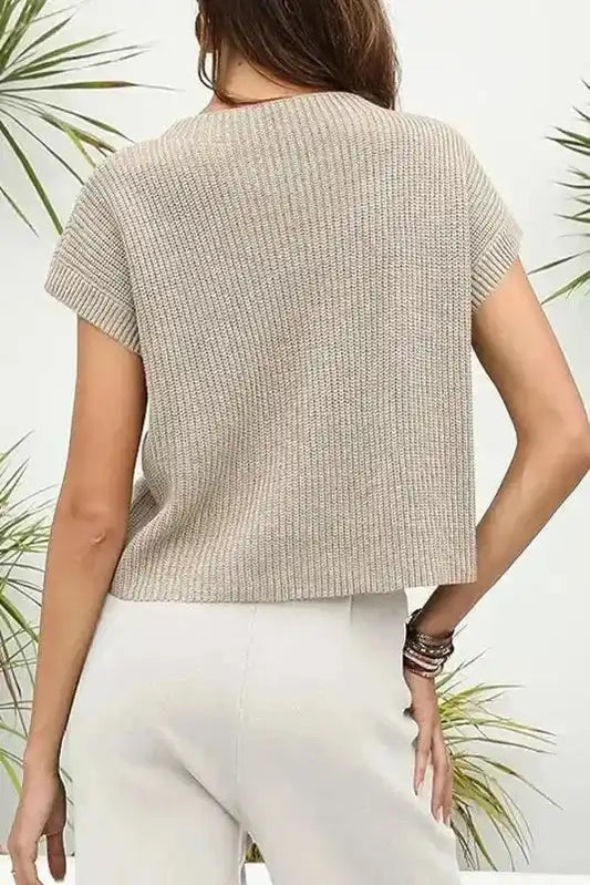 Back view of Pale Khaki Patch Pocket Short Sleeve Sweater showing ribbed knit design and relaxed silhouette for casual wear.