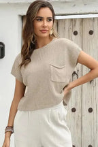 Pale Khaki Patch Pocket Short Sleeve Sweater - Fashionfitz