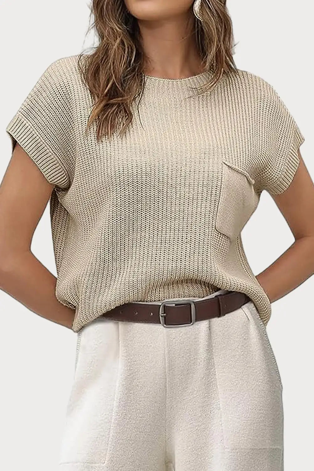 Pale khaki patch pocket short sleeve sweater - l / 55% acrylic + 45% cotton - sweaters & cardigans