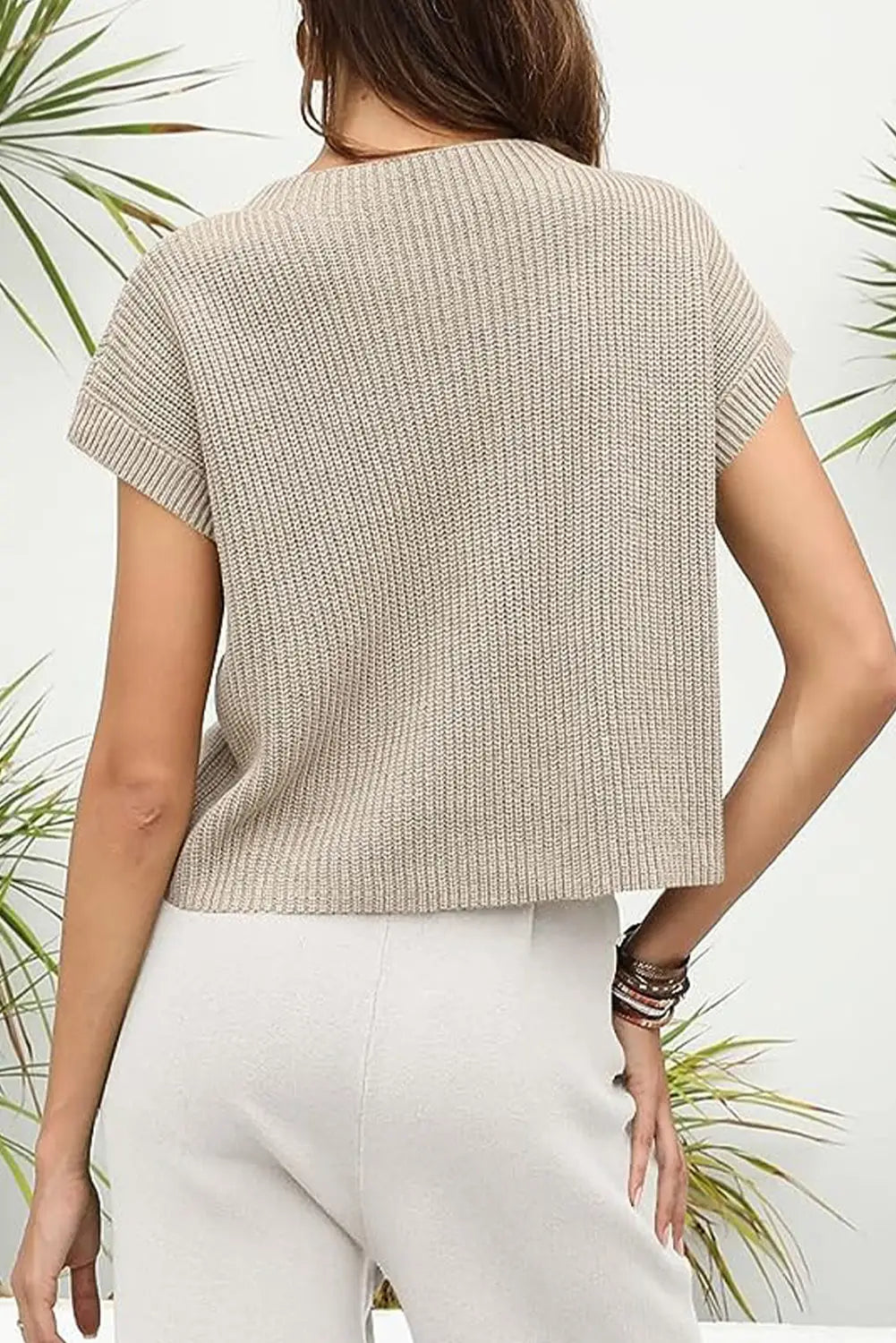 Pale khaki patch pocket short sleeve sweater - tops