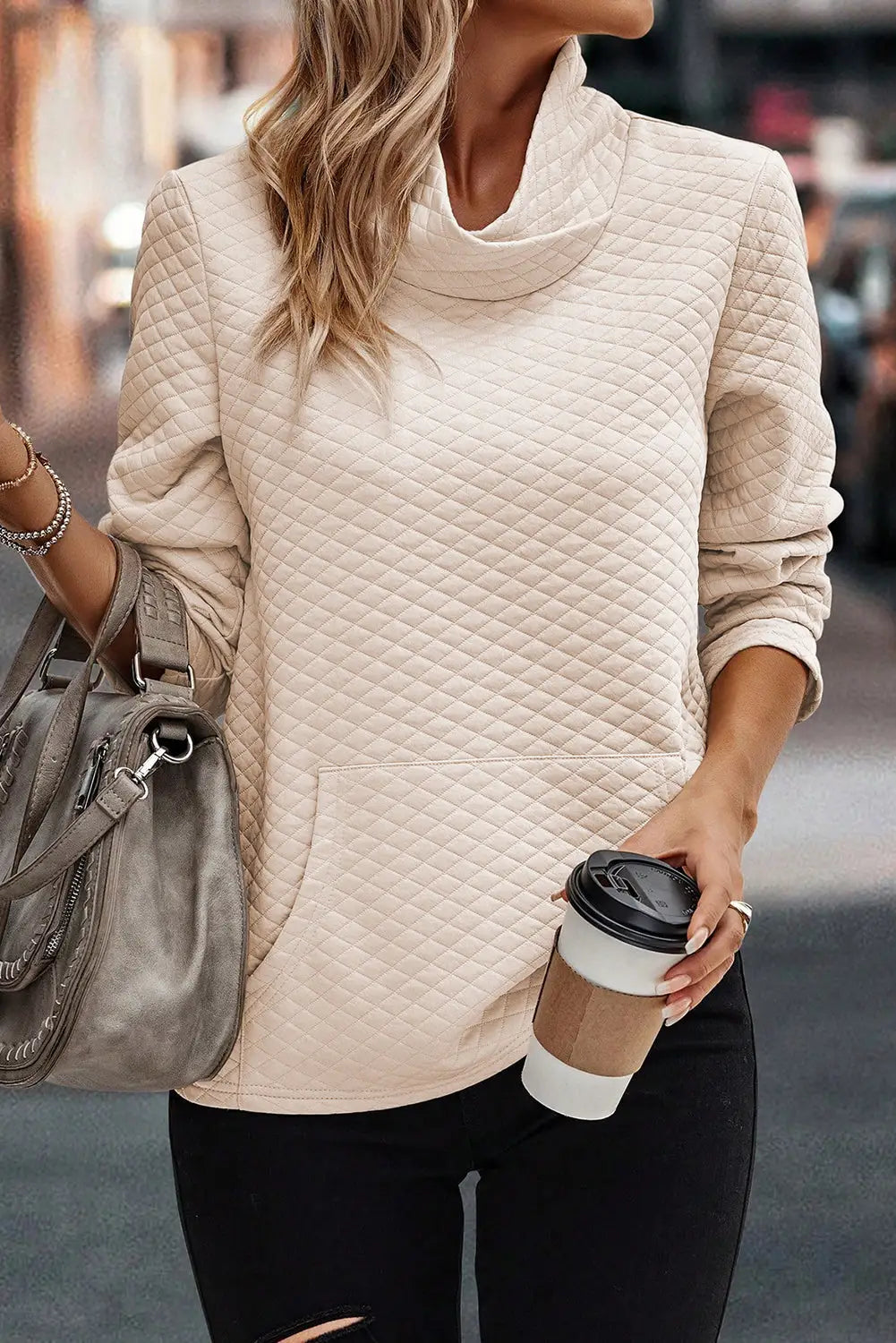 Pale khaki solid half zipper quilted pullover sweatshirt - apricot2 / l / 95% polyester + 5% elastane - sweatshirts &