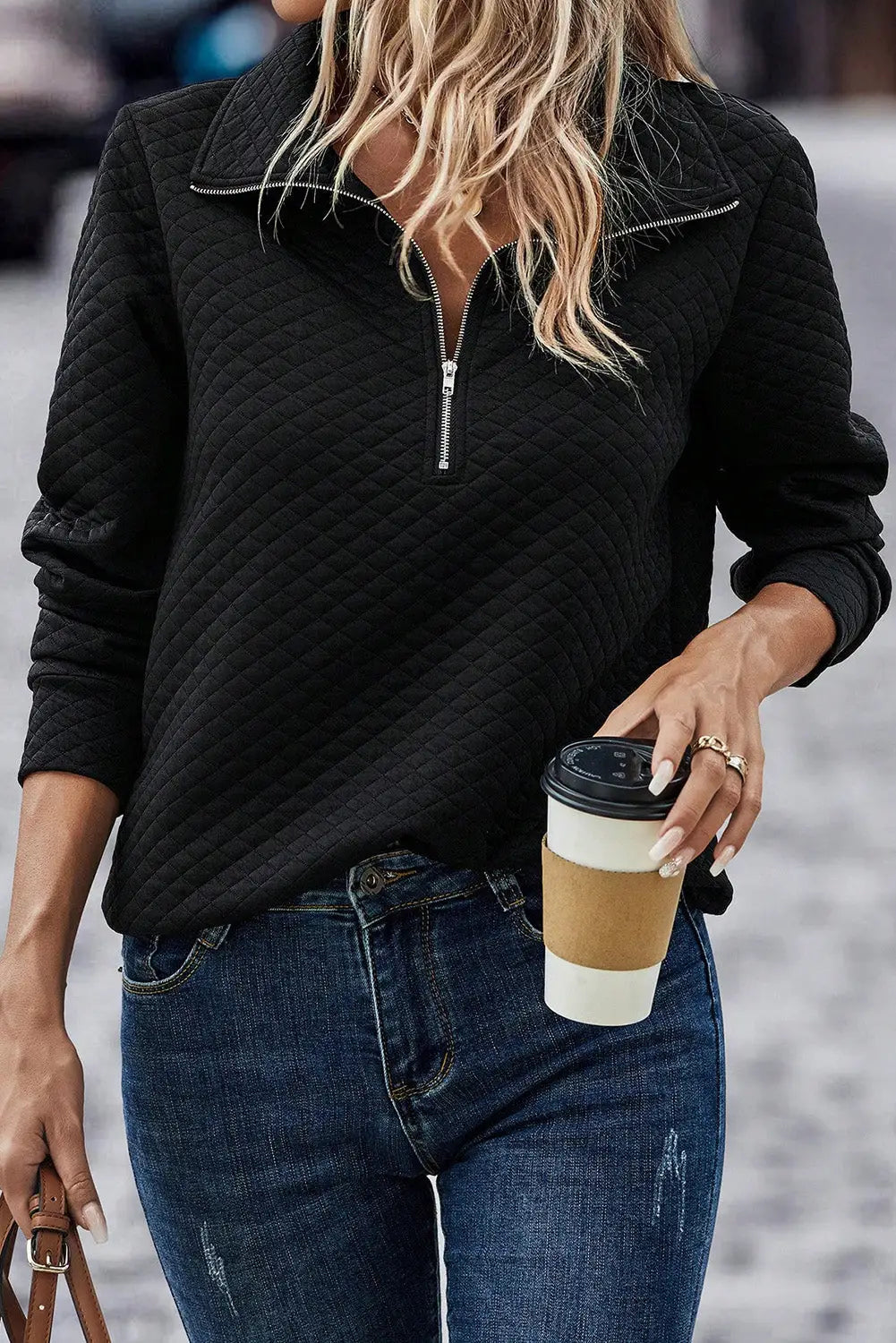 Pale khaki solid half zipper quilted pullover sweatshirt - black / l 95% polyester + 5% elastane sweatshirts & hoodies
