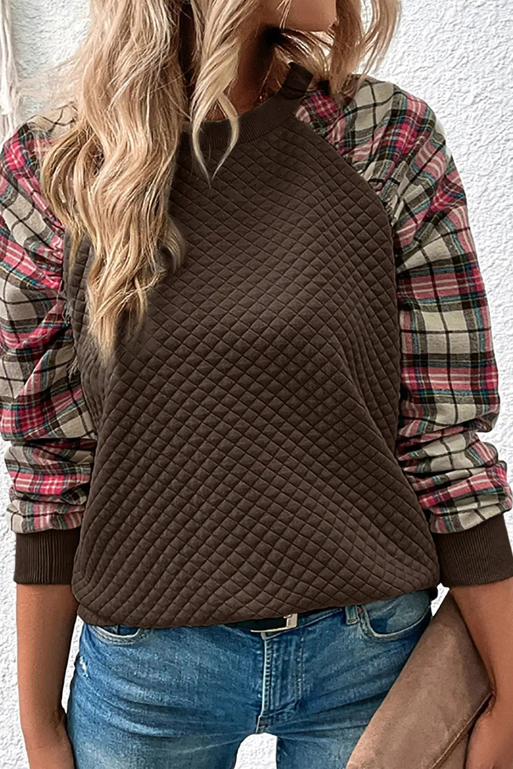 Pale khaki solid half zipper quilted pullover sweatshirt - brown / 2xl 95% polyester + 5% elastane sweatshirts & hoodies