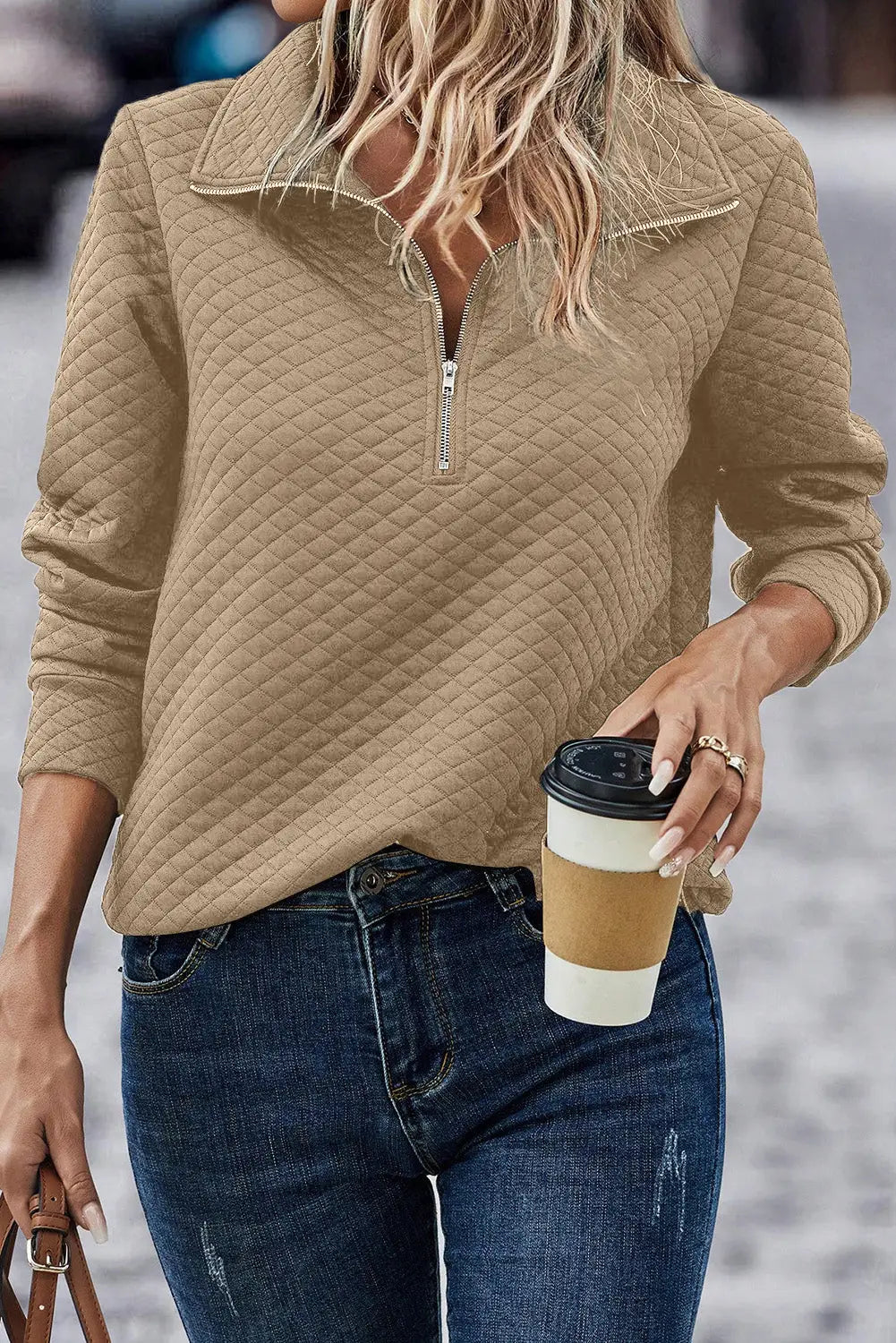 Pale khaki solid half zipper quilted pullover sweatshirt - l 95% polyester + 5% elastane sweatshirts & hoodies
