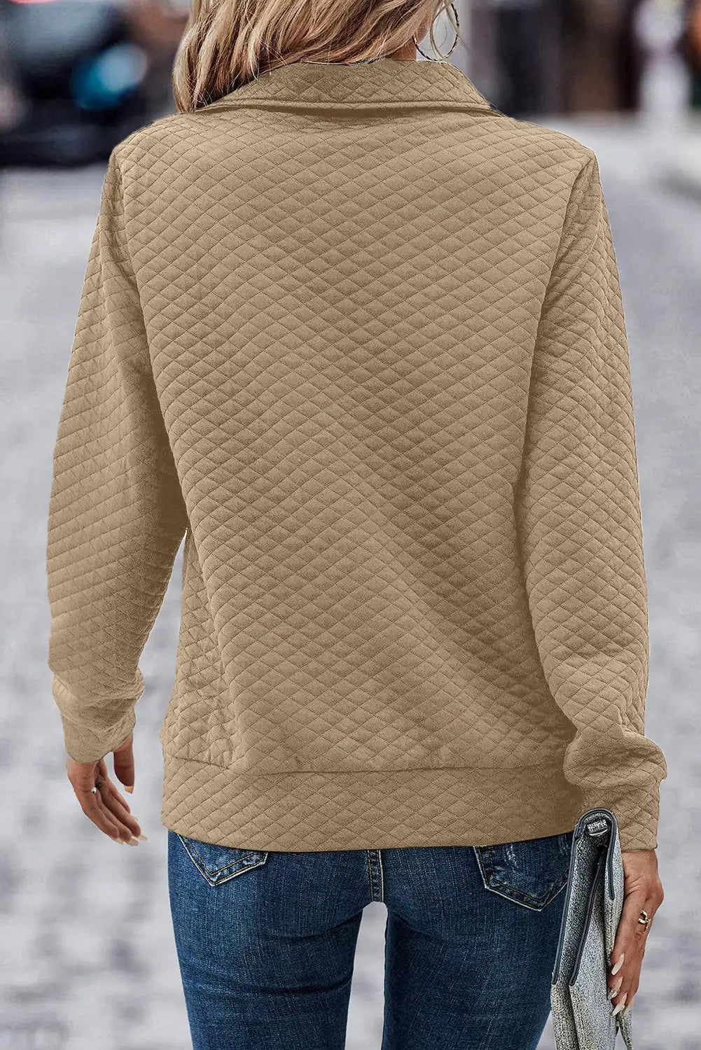 Pale khaki solid half zipper quilted pullover sweatshirt - sweatshirts & hoodies