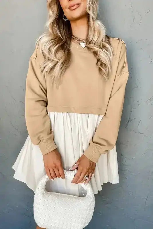 Pale Khaki Sweatshirt Poplin Mini Dress - Fashionfitz