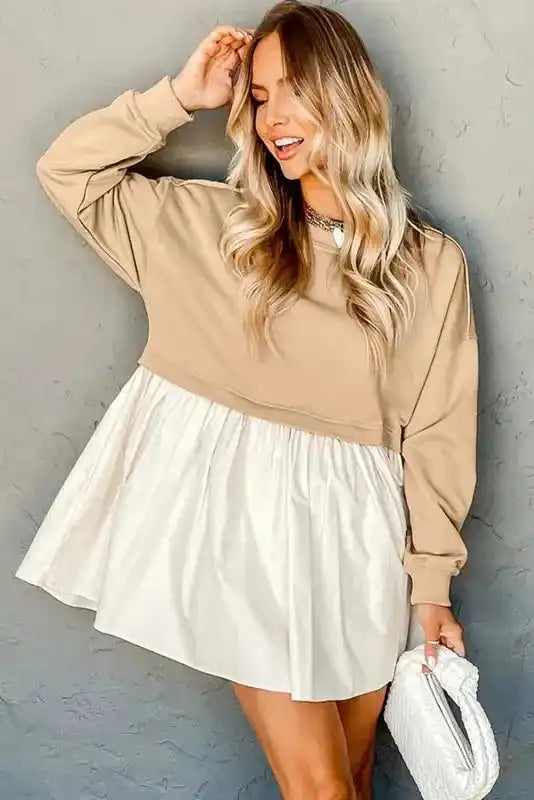 Pale Khaki Sweatshirt Poplin Mini Dress - Fashionfitz