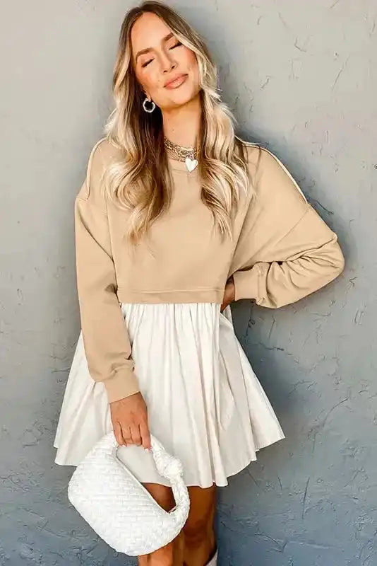 Pale Khaki Sweatshirt Poplin Mini Dress - Fashionfitz