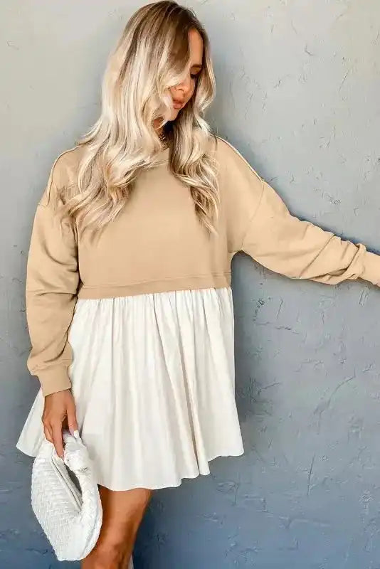 Pale Khaki Sweatshirt Poplin Mini Dress - Fashionfitz