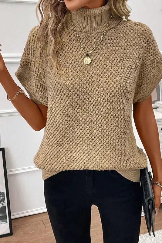 Pale khaki turtleneck textured short sleeve sweater - sweaters & cardigans