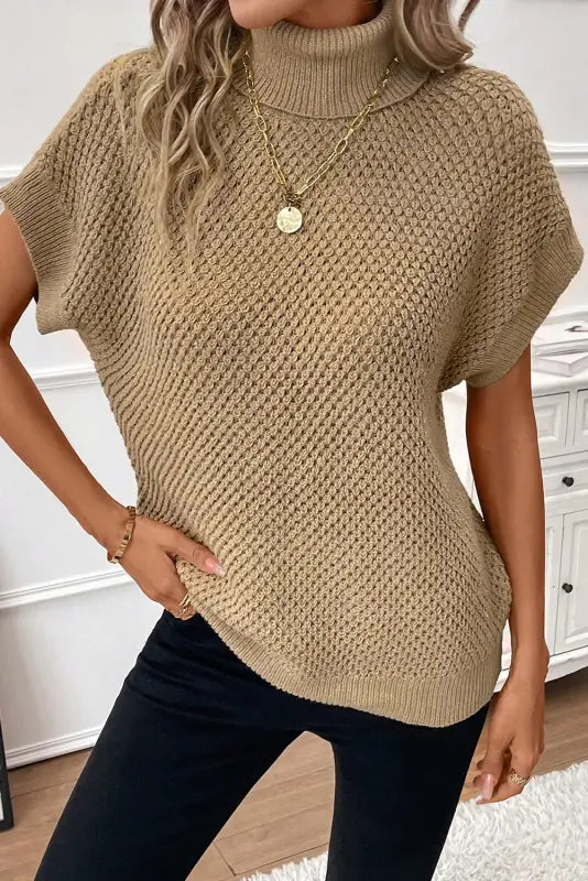 Pale khaki turtleneck textured short sleeve sweater - sweaters & cardigans