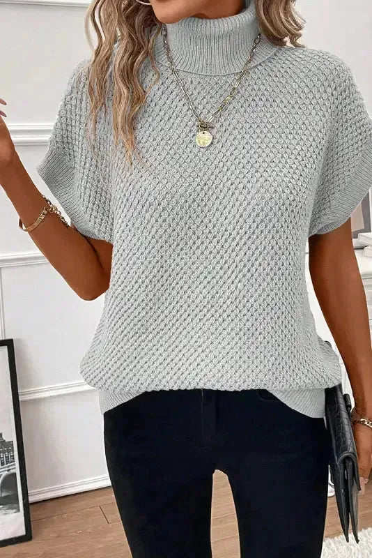 Pale Khaki Turtleneck Textured Short Sleeve Sweater - Fashionfitz