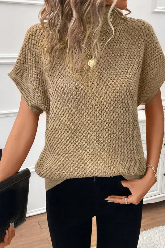 Pale khaki turtleneck textured short sleeve sweater - sweaters & cardigans