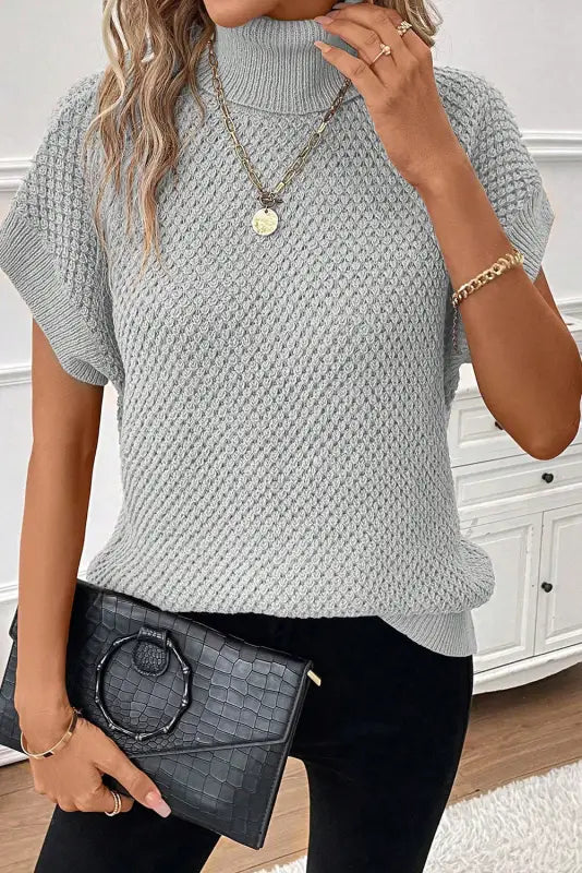 Pale khaki turtleneck textured short sleeve sweater - sweaters & cardigans