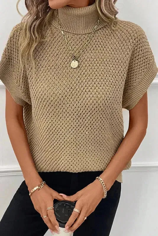 Pale Khaki Turtleneck Textured Short Sleeve Sweater - Fashionfitz