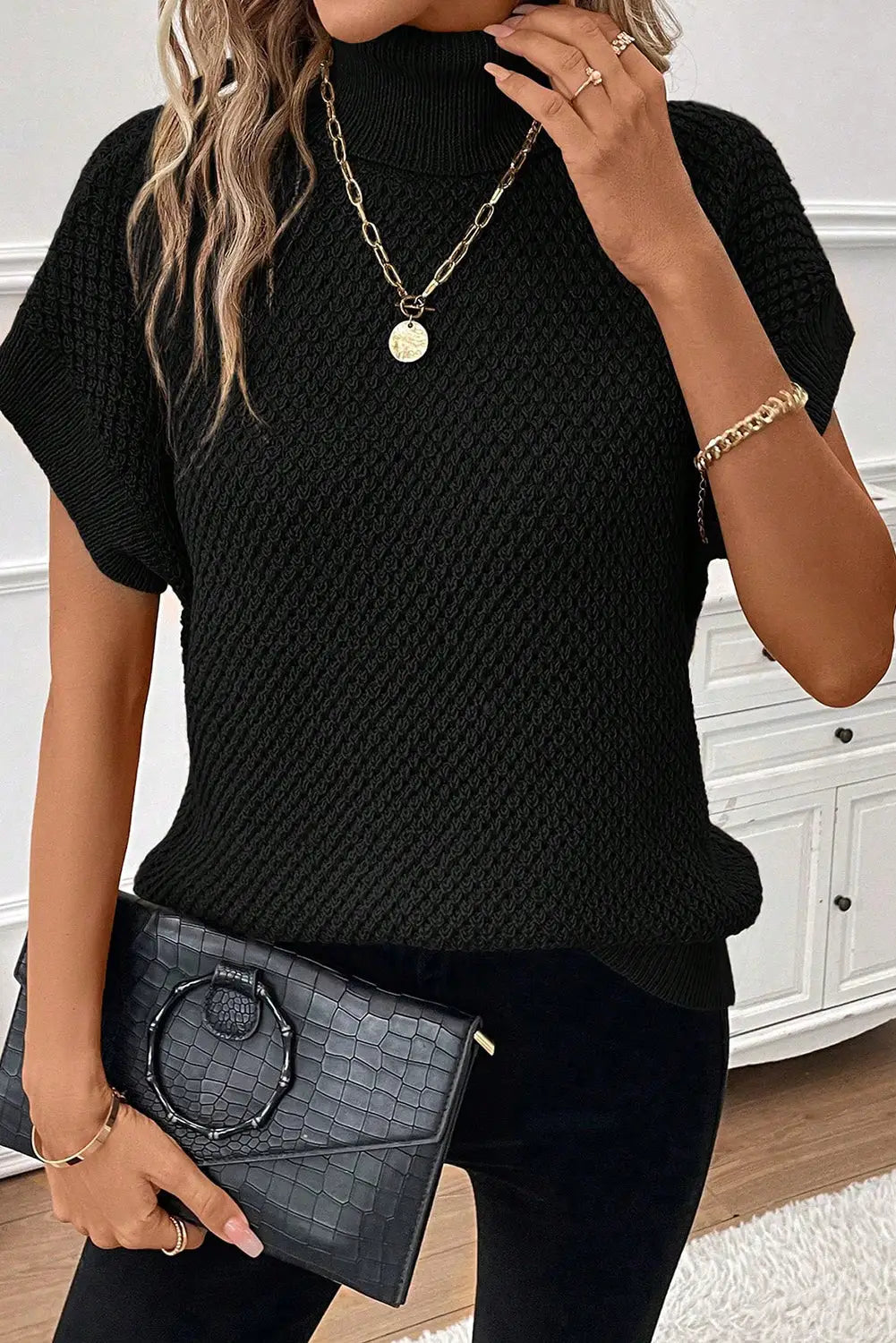 Pale khaki turtleneck textured short sleeve sweater - black / l / 100% acrylic - sweaters & cardigans