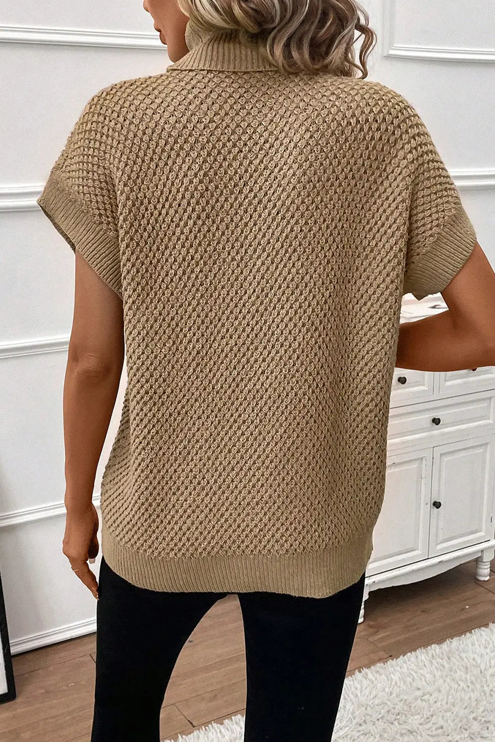 Pale khaki turtleneck textured short sleeve sweater - sweaters & cardigans