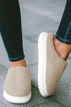Pale Khaki Two-tone Knitted Warm Homewear Slippers - Fashionfitz