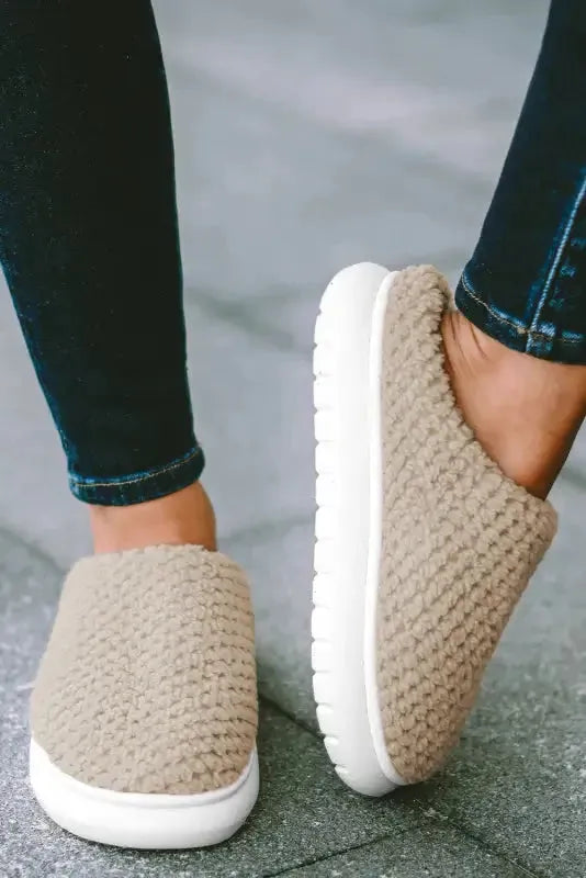 Pale Khaki Two-tone Knitted Warm Homewear Slippers - Fashionfitz