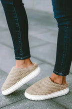Pale Khaki Two-tone Knitted Warm Homewear Slippers - Fashionfitz