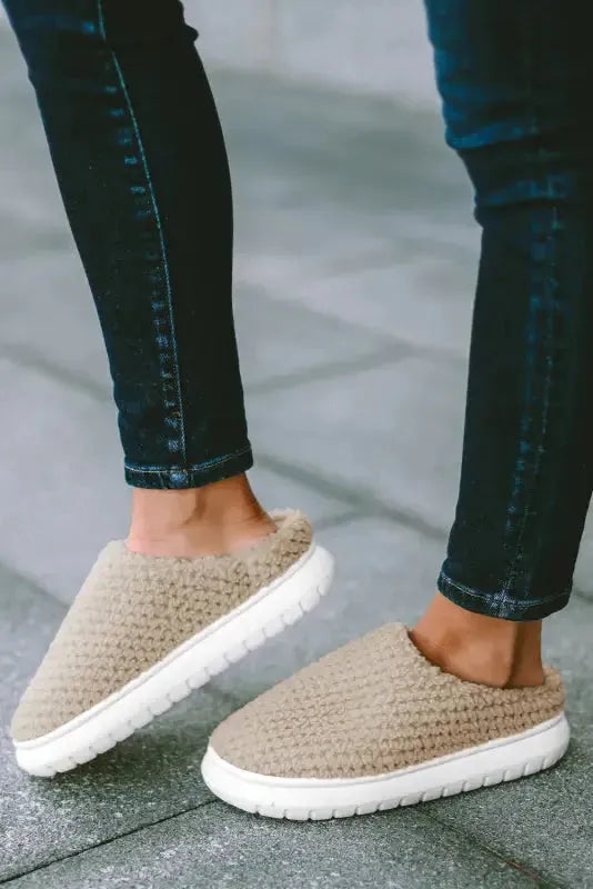 Pale Khaki Two-tone Knitted Warm Homewear Slippers - Fashionfitz