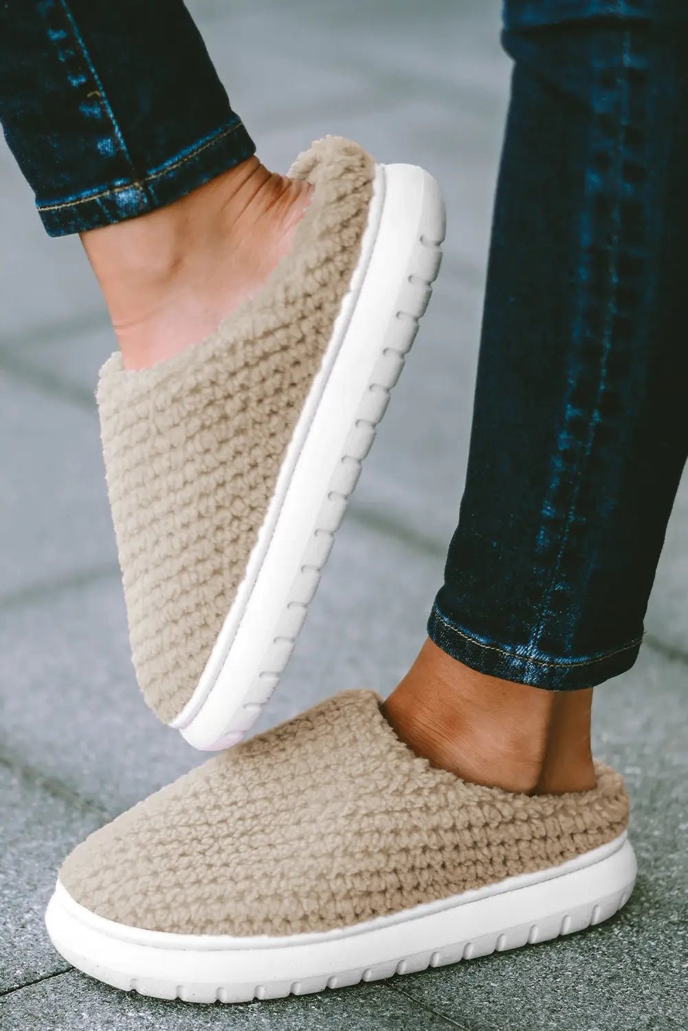 Pale khaki two-tone knitted warm homewear slippers - apricot