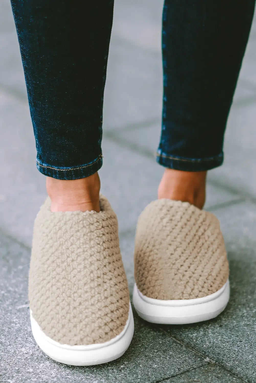 Pale khaki two-tone knitted warm homewear slippers - shoes &